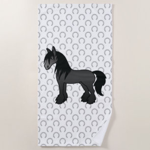 Black Gypsy Vanner Clydesdale Shire Cartoon Horse Beach Towel
