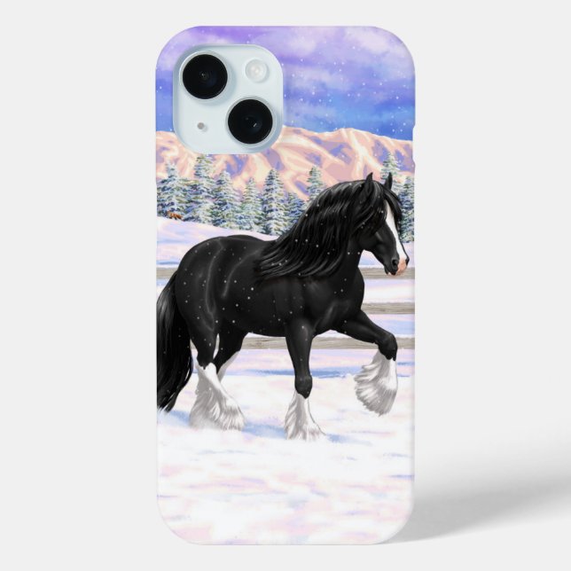 Black Gypsy Vanner Irish Cob Draft Horse In Snow Case-Mate iPhone Case (Back)