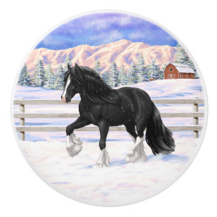 Black Gypsy Vanner Irish Cob Draught Horse In Snow Ceramic Knob