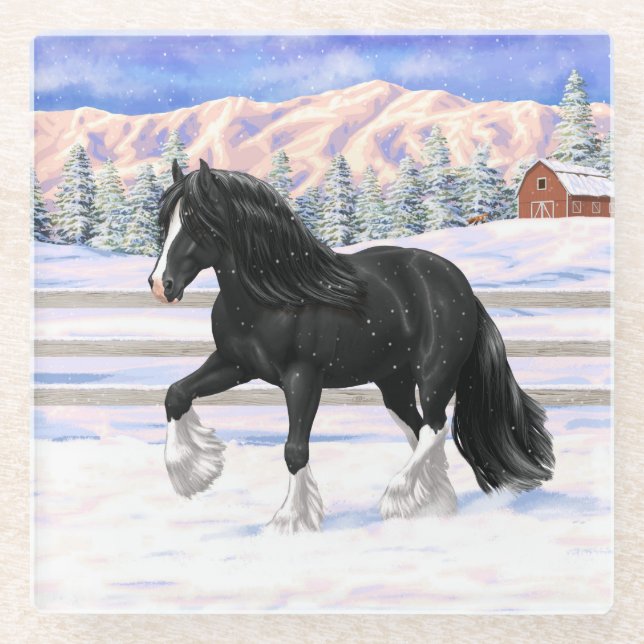 Black Gypsy Vanner Irish Cob Draught Horse In Snow Glass Coaster (Front)