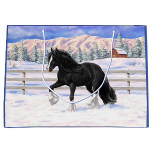 Black Gypsy Vanner Irish Cob Draught Horse In Snow Large Gift Bag