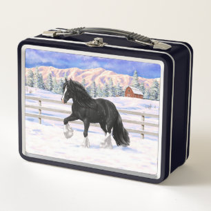 Black Gypsy Vanner Irish Cob Draught Horse In Snow Metal Lunch Box