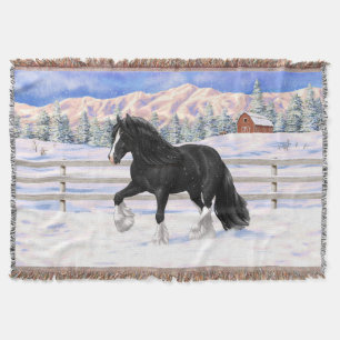 Black Gypsy Vanner Irish Cob Draught Horse In Snow Throw Blanket