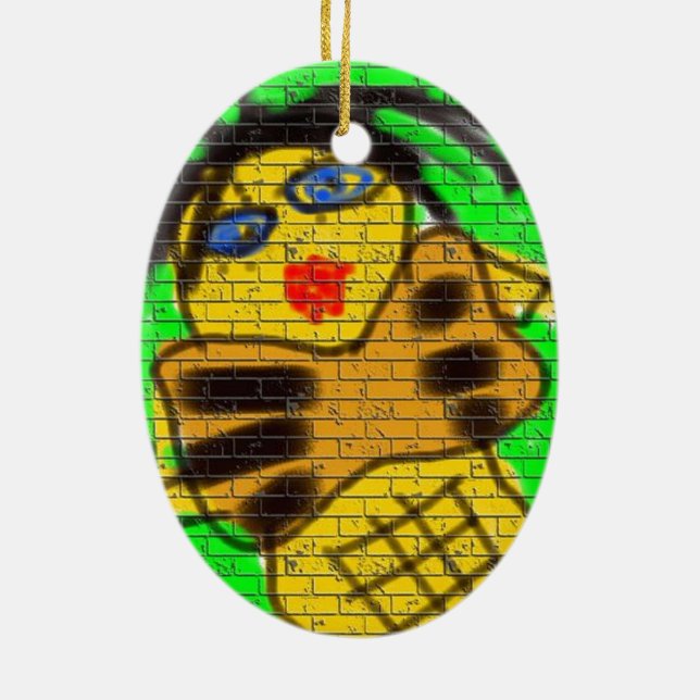 Black Hair Bee Woman Graffiti Wall Painting Green Ceramic Tree Decoration (Back)