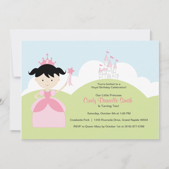 Black Hair Birthday Princess in Pink with Castle Invitation (Front)