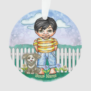 Black Hair Boy and Dog  Ornament