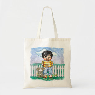 Black Hair Boy and Dog Tote Bag