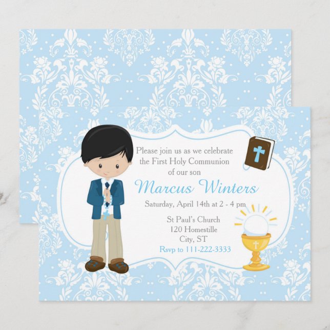 Black Hair Boy First Communion Damask Invitation (Front/Back)
