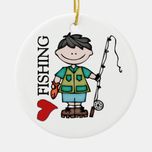 Black Hair Boy I Love Fishing Ceramic Tree Decoration