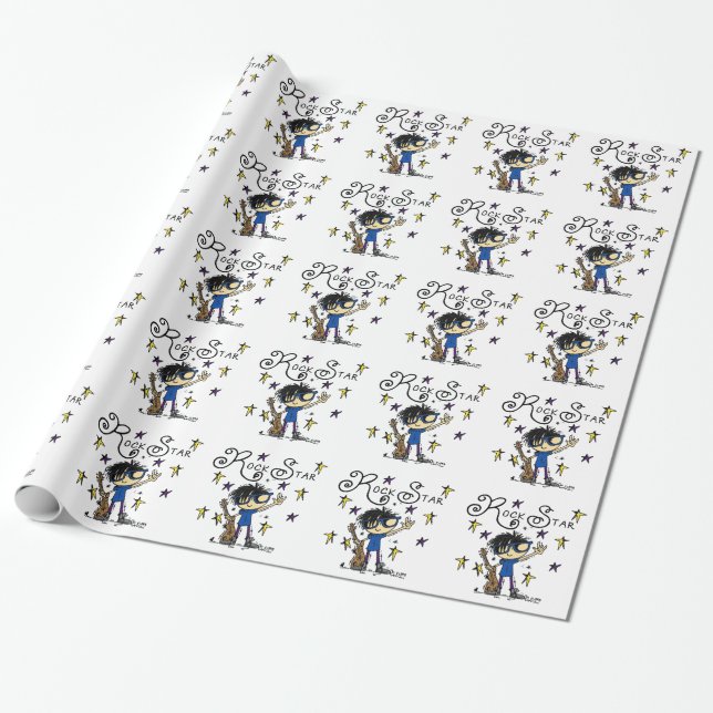 Black Hair Boy Rock Star Wrapping Paper (Unrolled)