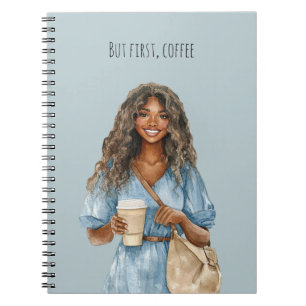 Black Hair Female Blue Dress But First, Coffee Notebook