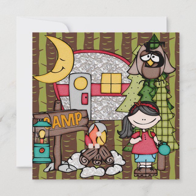 Black Hair Girl Camping Birthday Invitations (Front)
