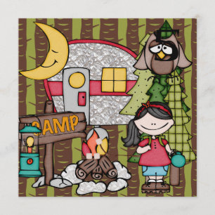 Black Hair Girl Camping Birthday Invitations