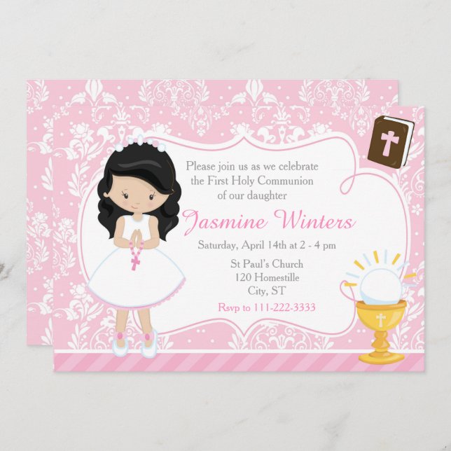 Black Hair Girl First Communion Damask Invitation (Front/Back)