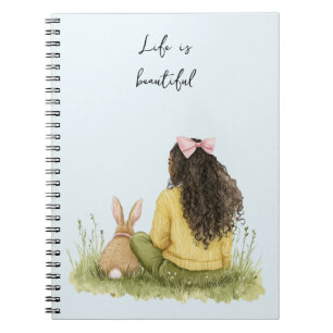 Black Hair Girl Pink Bow Bunny Floral Grass Notebook