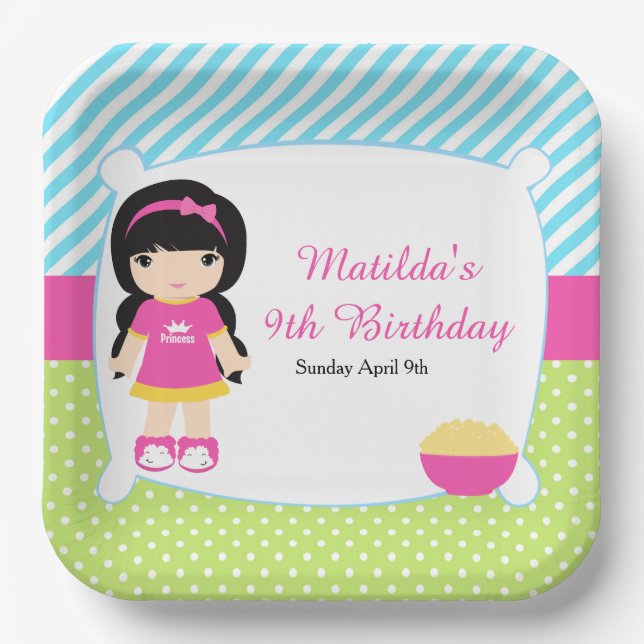 Black Hair Girl Sleepover Slumber Party Paper Plate (Front)