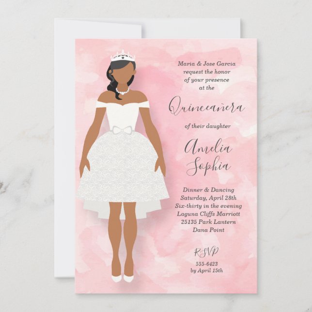 Black Hair Girl White Dress on Pink Quinceanera (Front)