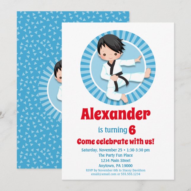 Black Hair Karate Judo Boys Birthday Invitation (Front/Back)
