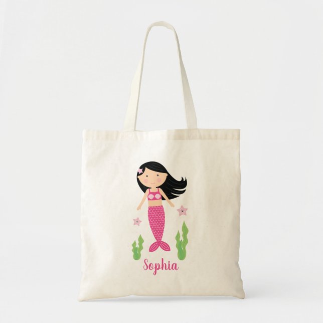Black Hair Little Mermaid Girl Tote Bag (Front)