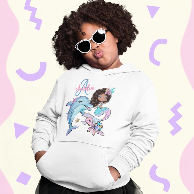 Black Hair Mermaid Custom Kids Name Pink Girls (Black Hair Mermaid Custom Kids Name Pink Girls Hoodie
)