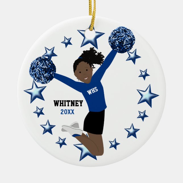 Black Hair Ponytail Pom Poms In Blue & Black Ceramic Tree Decoration (Front)