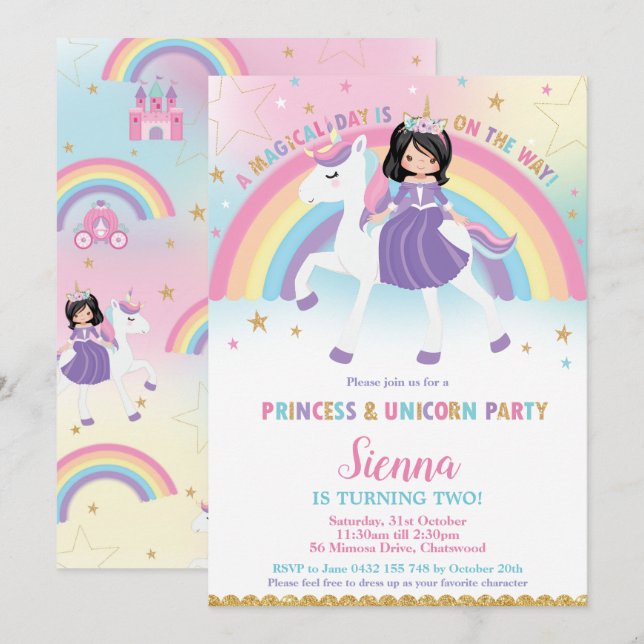Black Hair Princess Unicorn Rainbow Birthday Party Invitation (Front/Back)