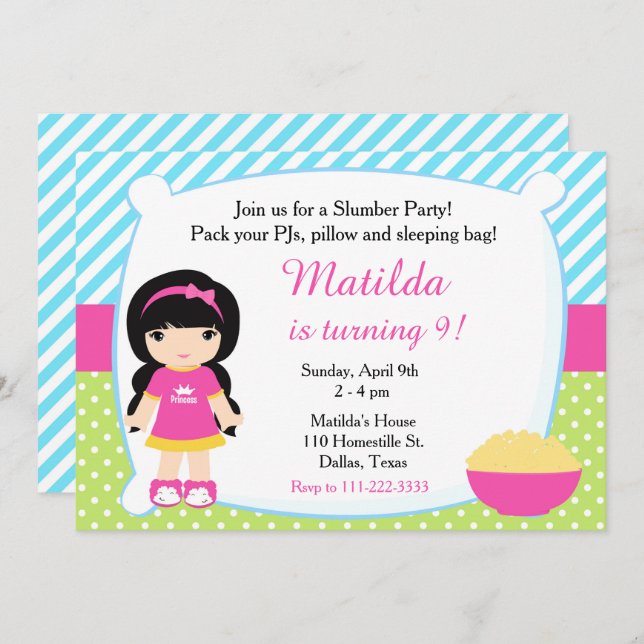 Black Hair Sleepover Slumber Party Birthday Invitation (Front/Back)