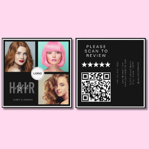 Black Hair Stylist Photo Collage QR Code & Review Square Business Card