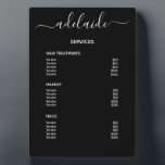 Black Hair Stylist Salon Price List Service Menu Plaque<br><div class="desc">Customise this black hair stylist salon service menu plaque to easily create a price list for your services. Personalise with your salon stylist signature in an elegant white script typography. Place on your table, shelf, or counter. Perfect for hair salons, nail salons, lash extension and makeup artist services, beauty bars,...</div>