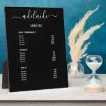 Black Hair Stylist Salon Price List Service Menu Plaque<br><div class="desc">Customise this black hair stylist salon service menu plaque to easily create a price list for your services. Personalise with your salon stylist signature in an elegant white script typography. Place on your table, shelf, or counter. Perfect for hair salons, nail salons, lash extension and makeup artist services, beauty bars,...</div>