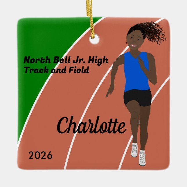 Black Hair Track and Field Girl Blue Black Ceramic Ornament (Front)