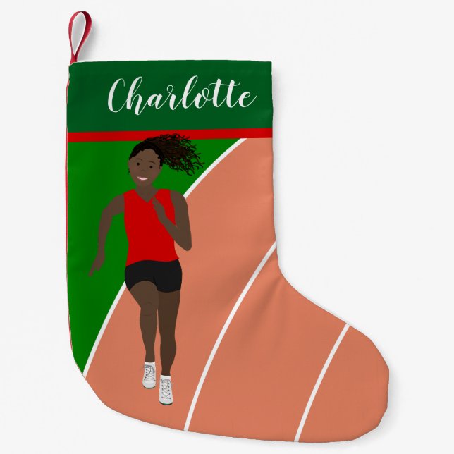 Black Hair Track Girl in Red Small Christmas Stocking (Front)