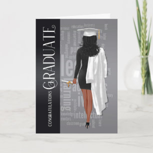 Black Hair White Cap and Gown Female Graduate Card
