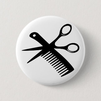black hairdresser comb scissors 6 cm round badge