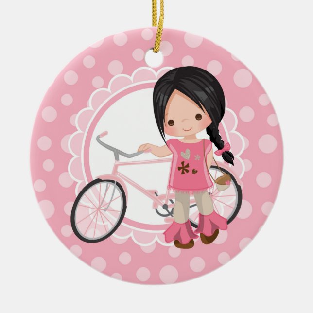 Black Haired Bicycle Girl - Pink White Ceramic Tree Decoration (Front)