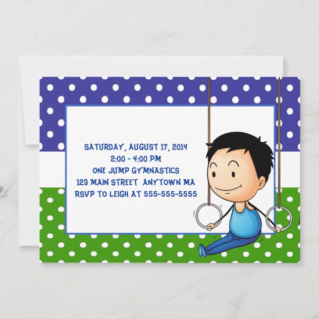 Black Haired Boy Gymnastics Birthday Invitations (Front)