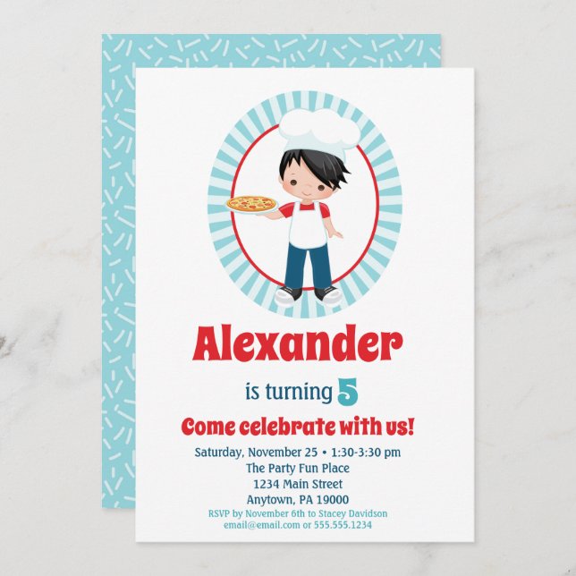 Black Haired Boy Pizza Party Birthday Invitation (Front/Back)
