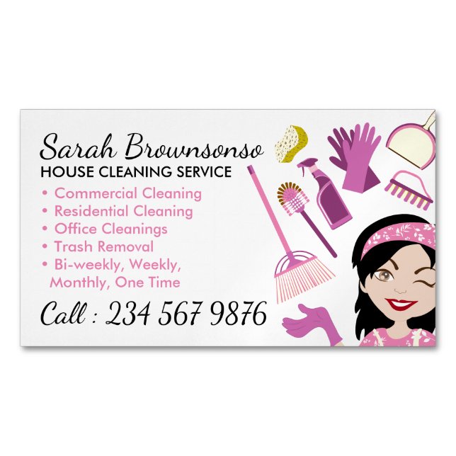 Black Haired Cleaning Janitorial Lady Tile Washing Magnetic Business Card (Front)