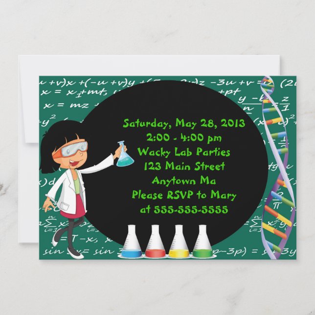 Black Haired Girl Mad Scientist Party Invitation (Front)