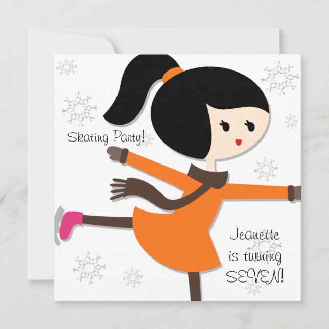 Black Haired Girl Skating Birthday Invitation (Front)