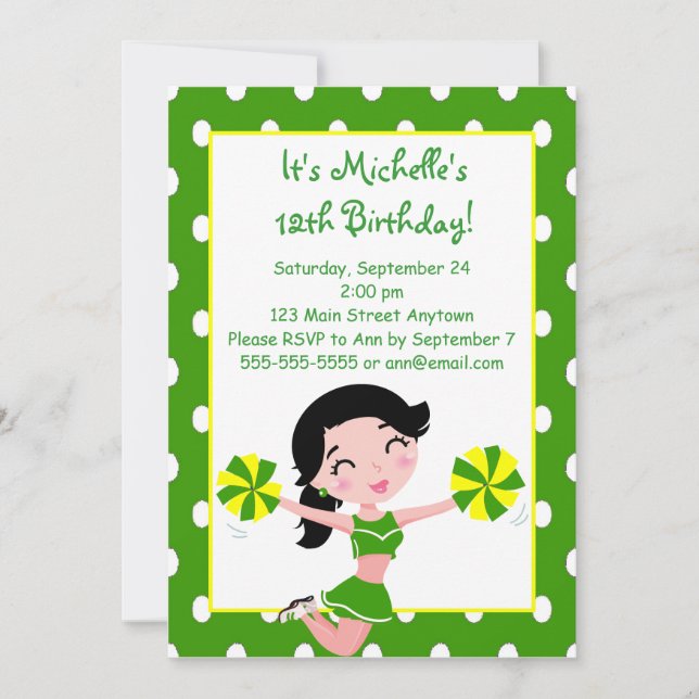 Black haired Green Yellow Cheerleader Invitations (Front)