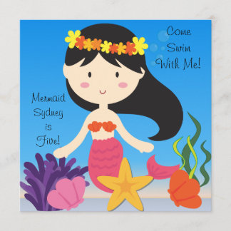 Black Haired Mermaid Custom Birthday Invitation