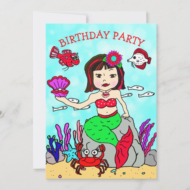 Black Haired  Mermaid Under the Sea Birthday Party Invitation (Front)
