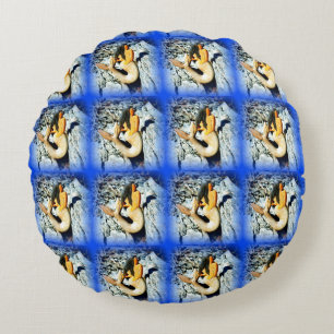 black-haired mermaids blue round cushion