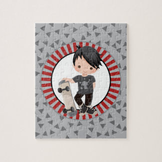Black Haired Skateboard Boy - Grey Red Jigsaw Puzzle
