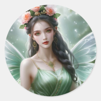 Black Haired Spring Fairy Magical Fantasy Classic Round Sticker