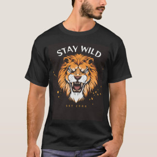 Black half sleeve T-shirt with lion design 