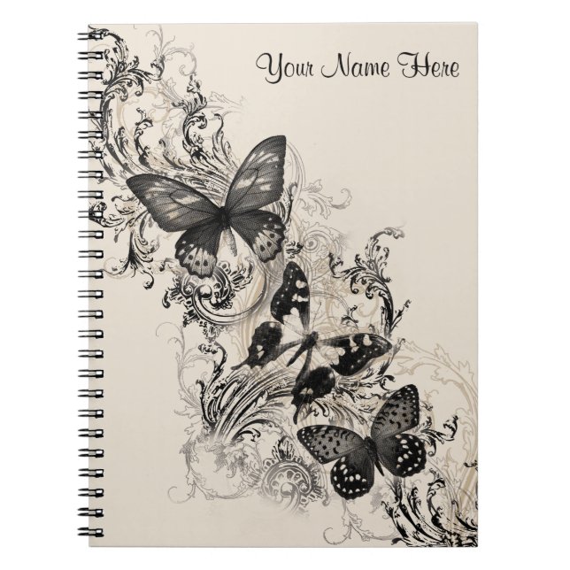 Black Halftone Butterfly Feminine Personalized  Notebook (Front)
