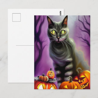 Black Halloween Cat and Carved Pumpkins Postcard