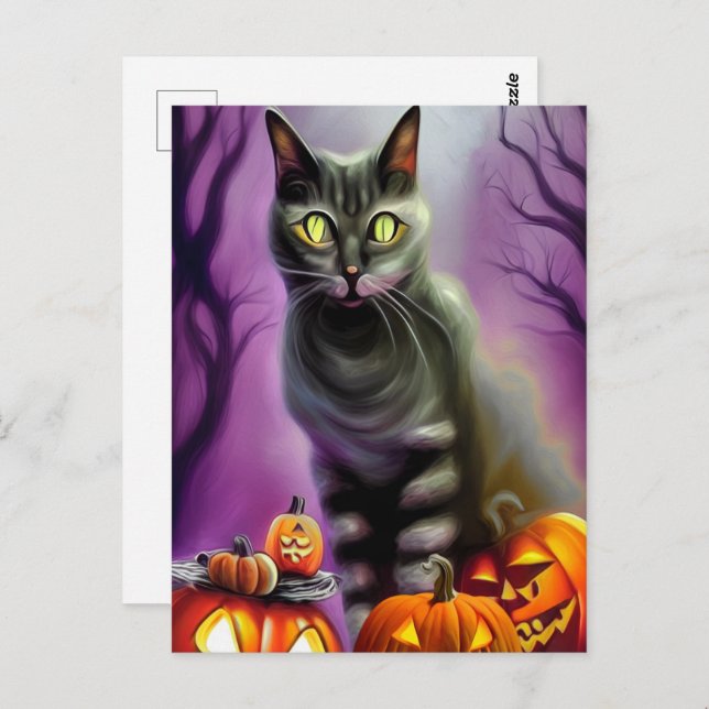 Black Halloween Cat and Carved Pumpkins  Postcard (Front/Back)